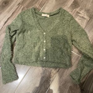 Green fuzzy cardigan sweater with pearls